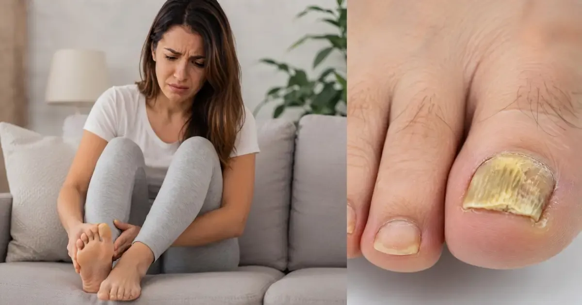 Mulher com desconforto no pé ao lado de close da unha amarelada e espessa